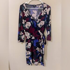 SABIE small Dress Faux Wrap Muted Purple Blue Gray Green Floral Jersey A Line